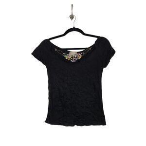 Vintage y2k Beaded Stones Gems Off Shoulder Black Summer Going Out Shirt